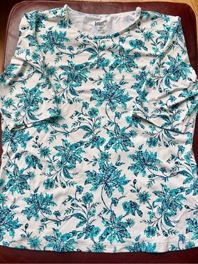 Lands' End White Rash Guard/Swim Tee with Turquoise Floral Print